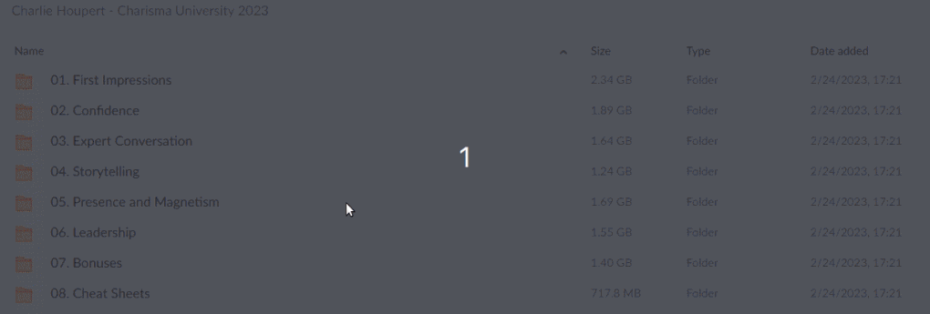 Charisma University is a 6 week step-by-step program designed to give you all the tools you need to take your charisma to the next level. It’s over 10 hours of the best training material available. This isn’t fluffy theory stuff either like you might get in a book. You’ll get real, ready-to-use tools that you can begin to implement immediately so that each week you’re seeing massive strides. You’ll also get an actionable, step-by-step guide so that you know how to integrate everything you learn into your daily life. You’ll basically have the exact formula to learn Charisma On Command. Here’s just SOME of the things you’ll be able to do using Charisma University: Consistently make killer first impressions so that whether you talk to someone for 30 seconds or 30 minutes, they’ll remember you over everyone else they met Command attention every time you walk into a room so that eyes are drawn to you even before you even speak Tell stories that get people hanging on your every word and have them asking, “What happened next!?” Have conversations that flow effortlessly, so you won’t have those awkward moments of silence where the other person politely excuses themselves Know how to connect instantly and deeply so you can feel certain they’ll want to see you again Have proven tools to turn on your natural charm in those moments where you normally would draw a blank Be able to connect with older, more successful business mentors and make them eager to help you get where they already are Overcome those frustrating moments where you freeze up, you feel your heart beat quicken, and you can’t think of anything to say Feel confident at parties WITHOUT having to beeline for the bar and hold a drink at your chest all night Never be the person standing alone, pulling out your phone and checking email every 5 minutes. You’ll be the person leading conversation and bringing energy to the whole room Charisma University is broken into 6 video modules that are designed to get you inspiring and impressing everyone you meet. You can go through the modules at the recommended pace of one per week, completing the daily action guide each day of the workweek, or go through the program at your own pace. The daily action videos take just a few minutes to watch and anywhere from 2 – 20 minutes to implement. It is all about taking small, concrete steps every day so that after 6 weeks, you have made exuding charisma a habit. SIZE: 12,4 GB SalesPage(more info) Charlie Houpert – Charisma University 2023 Contents: Videos, Pdfs