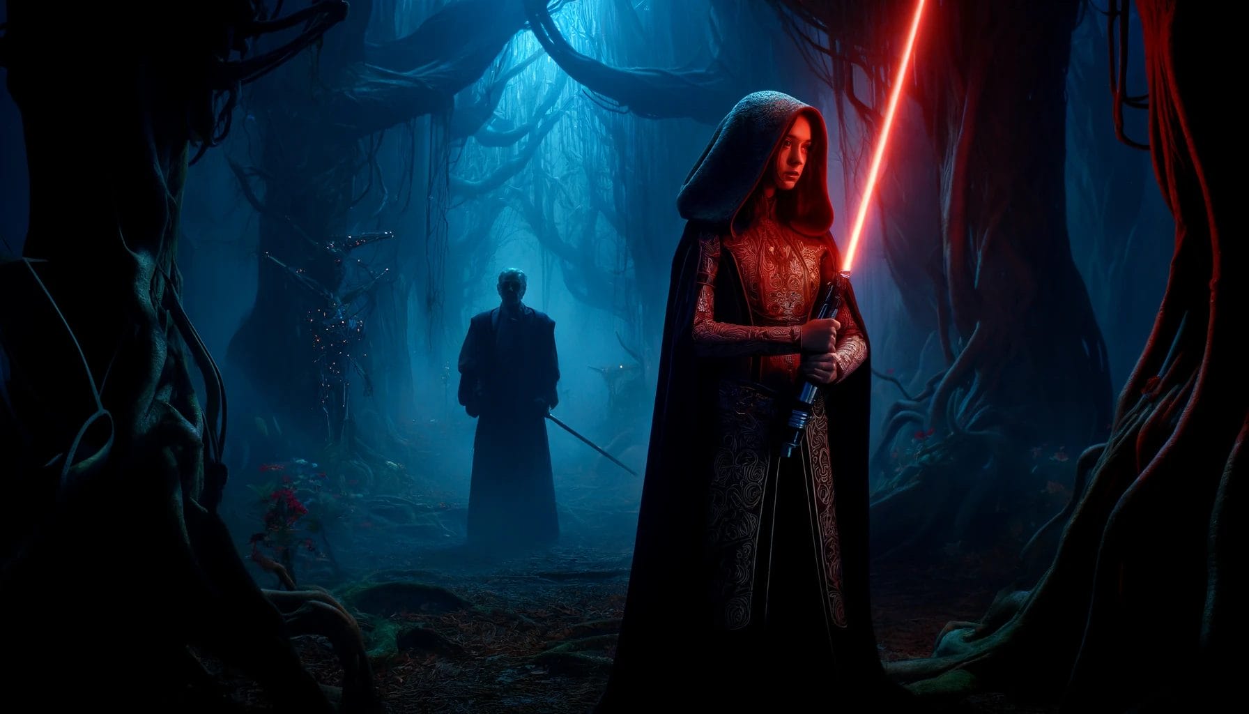 A dark and atmospheric scene from The Acolyte TV Series, featuring a young female acolyte with a hooded cloak, holding a red lightsaber in a mystical
