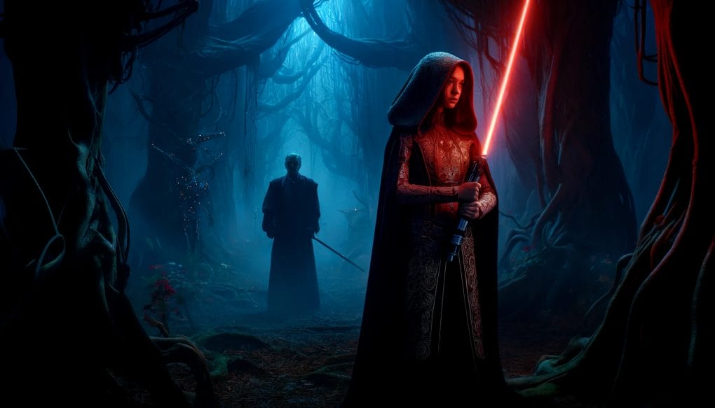 A dark and atmospheric scene from The Acolyte TV Series, featuring a young female acolyte with a hooded cloak, holding a red lightsaber in a mystical