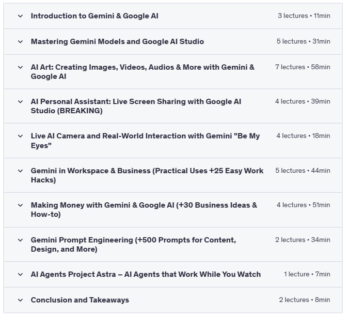 Gemini Google AI - The All-in-One AI Masterclass 2025 [NEW] - Course Content