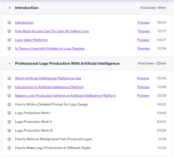 Professional Logo Production With Artificial Intelligence - Course Content