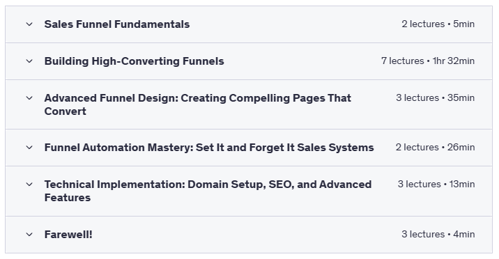 Sales Funnel Mastery - Build, Design, and Automate Funnels - Course Content