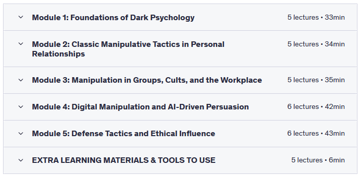 Course Content of Udemy - Dark Psychology & Manipulative Tactics - Exposing It All - 6 Modules