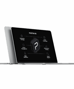 A diagram for "PHOTON OS" featuring a central 3D icon with a 'P', surrounded by six labeled features: Systematic Strategy (gear icon), Trader Psychology (brain icon), Money Management (shield icon), Performance Tracking (chart icon), Edge Validation (flask icon), and Expert Support (chat bubble icon). All elements are set against a black background.